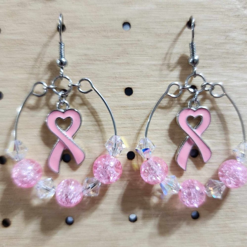 Hand Crafted Pink Ribbon Cancer Awareness Hoop Earrings